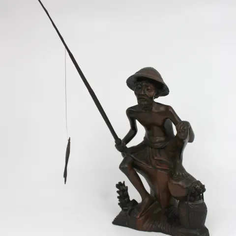 Mid-20th Century Balinese Hand-Carved Hardwood Fisherman Figure