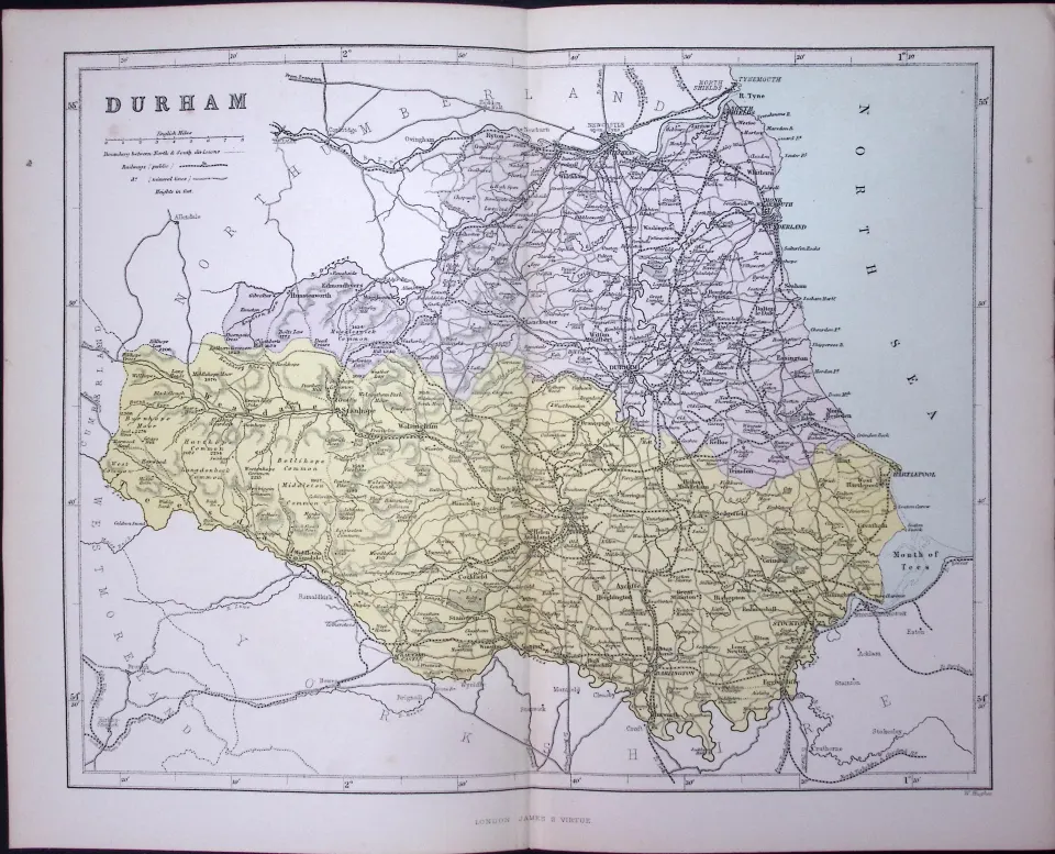 County Durham 150 Years-Old Coloured Antique 1875 Map-25