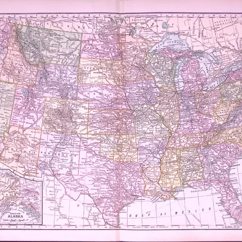 United States & Alaska 120-Year-Old Large Coloured Antique Map by G.W. Bacon-11