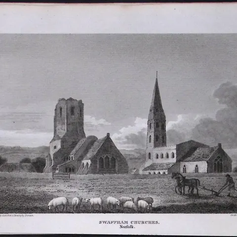 Swaffham Churches Norfolk Antique 216 Years-Old Georgian Steel-Engraving-321.
