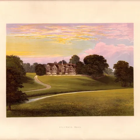 Bramhall Hall Nr Stockport Cheshire Gilt-Edge Coloured Antique Book Plate.