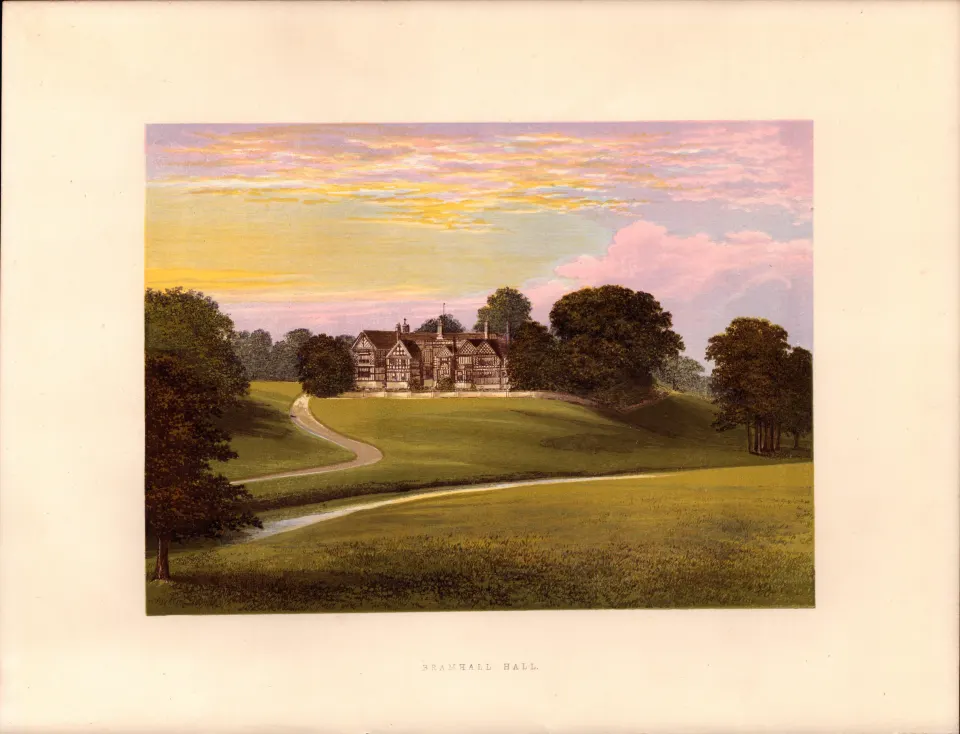 Bramhall Hall Nr Stockport Cheshire Gilt-Edge Coloured Antique Book Plate.