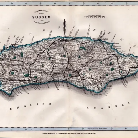 County Sussex Cruchley Scarce Antique Railways & Stations Coloured Map.