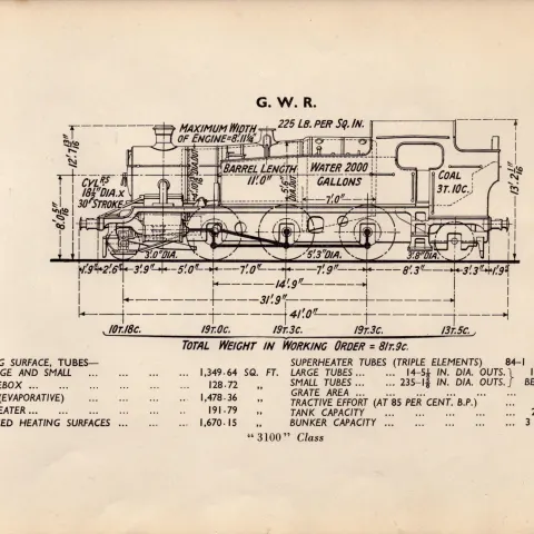 G.W.R  “3100” Class Locomotive Detailed Diagram 85-Year-Old Print.