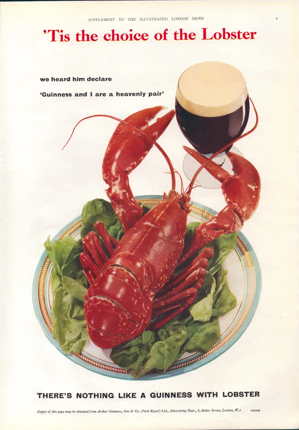 Original 65-Year-Old 1959 Guinness Print the Lobster– GE 3153   #-5.