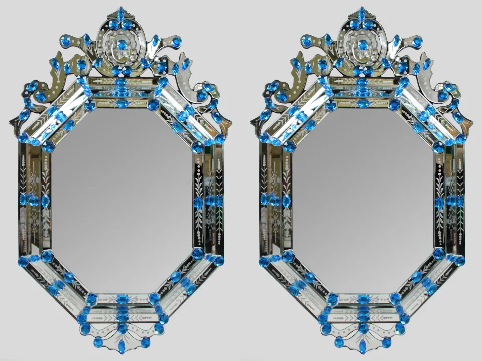 Pair of Bespoke Venetian Style Bejewelled Mirrors with Blue Crystals