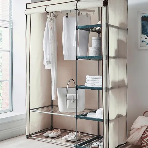 (117/Mez/P16) RRP £69. Covered Double Wardrobe with Storage Cream. Made From Powder Coated Steel Tu