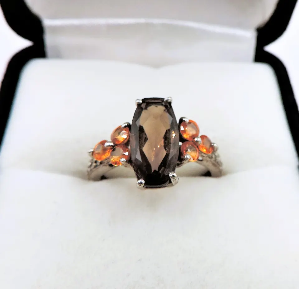  Sterling Silver Smokey Quartz & Citrine Ring c. 1980's