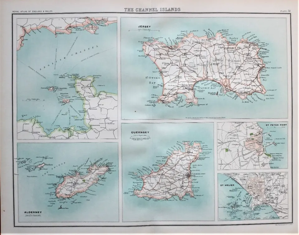 Victorian 1897 Map Channel Islands  Jersey Guernsey St Peters Alderney St Hellier.