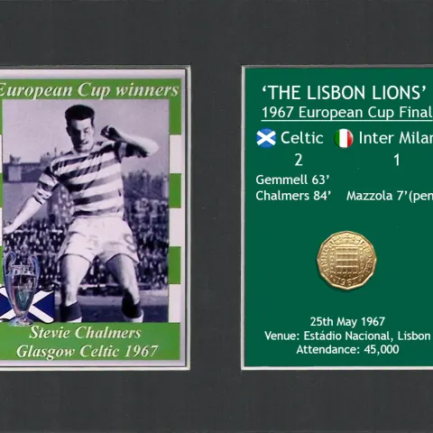 Stevie Chalmers Celtic FC European Cup Mount & Original Half-Crown Coin Metal Art