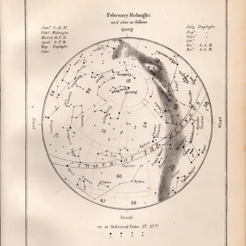 February Midnight Chart Victorian Antique 1892 Atlas of Astronomy 40.