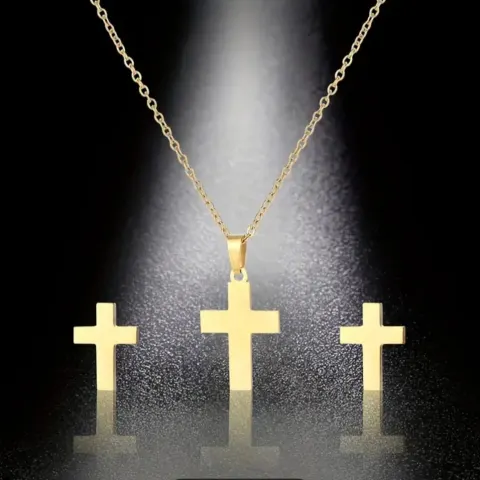 New! Golden Cross Design Stud Earrings & Pendant Necklace