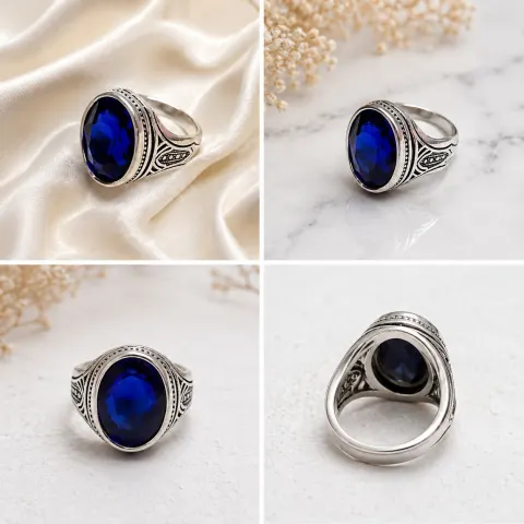 Deep Blue Oval Stone Silver-Tone Statement Ring