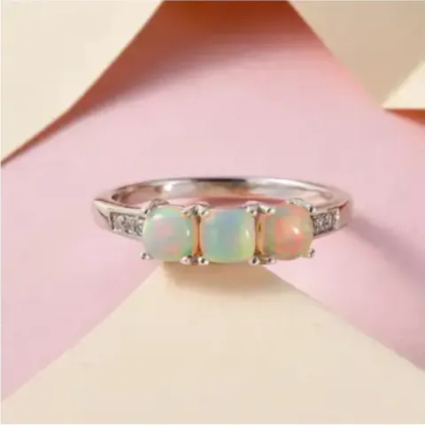 NEW! Ethiopian Welo Opal and Natural Cambodian Zircon Ring in Platinum Overlay Sterling Silver