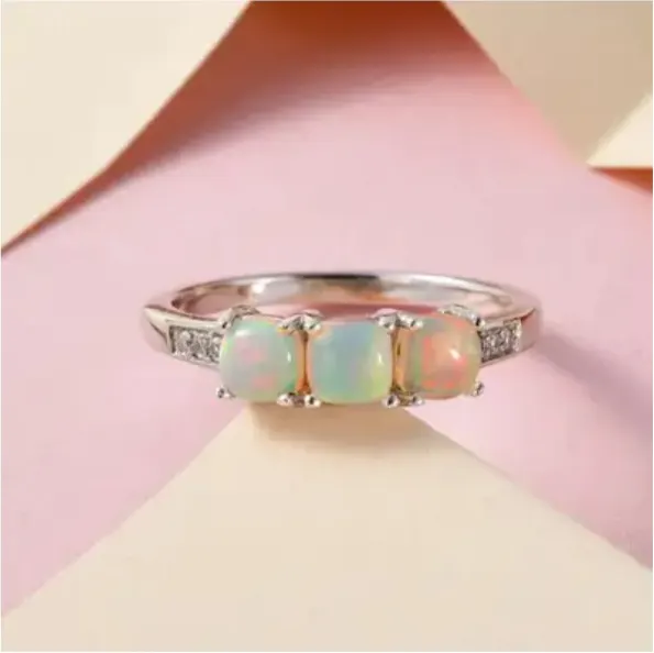NEW! Ethiopian Welo Opal and Natural Cambodian Zircon Ring in Platinum Overlay Sterling Silver
