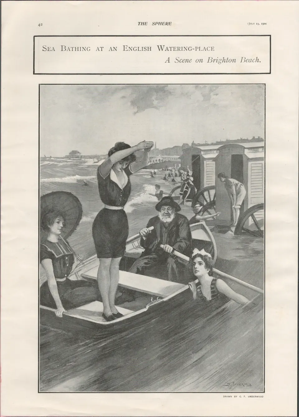 Brighton Beach Sun-Bathing  1901  Original Antique Print