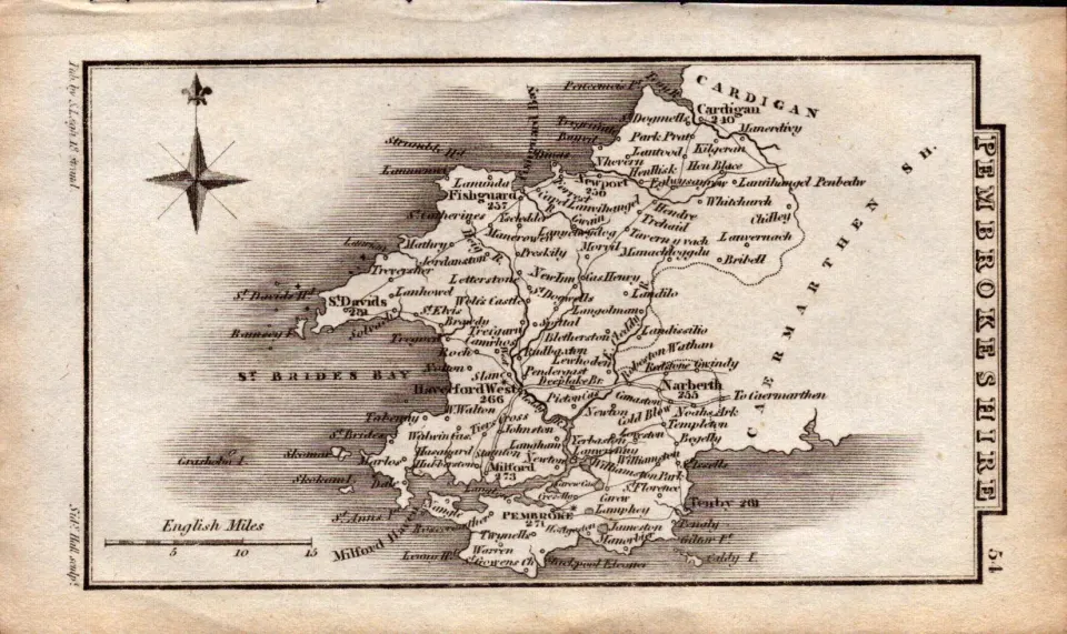 Wales Pembrokeshire Antique Copper Engraved Map by Sidney Hall.