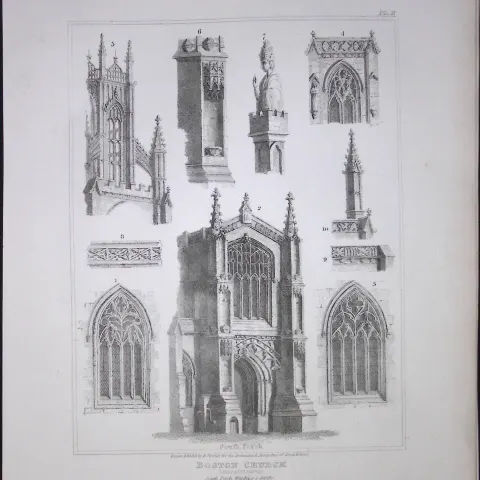 Boston Church Lincolnshire 190 Years-Old Rare John Britton Antique Steel Engraving-93