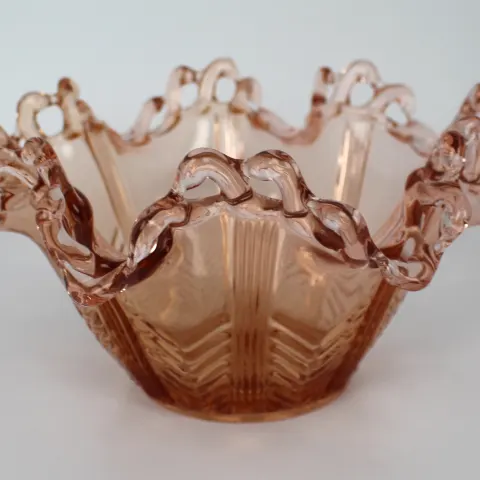 Vintage Brev Italian Pink Glass Pierced Rim Ruffled Bowl