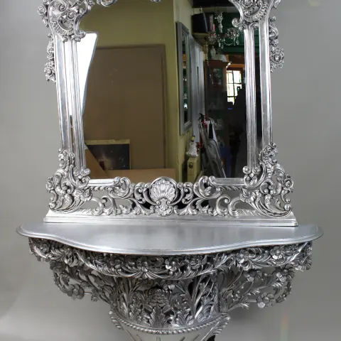 Ornate Decorative Silver Leaf Carved Console Table & Mirror