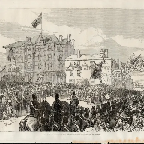 Blackpool 1871 Opening of a New Promenade & Fountain Antique Print.