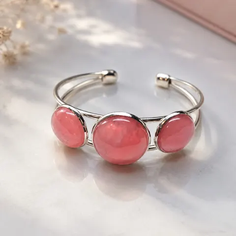 Silver Tone Cuff Bracelet with Three Pink Cabochon Stones