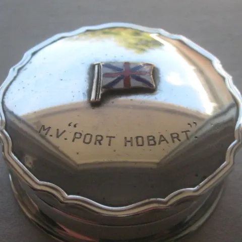 Vintage Silver Plated M.V. Port Hobart Engraved Souvenir Pill Box