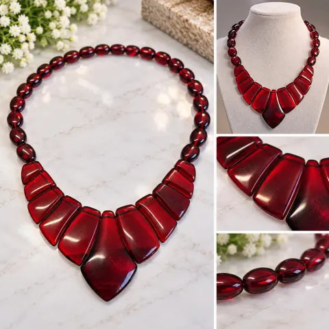 Red Statement Beaded Necklace with Graduated Geometric Drops