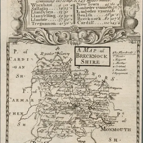 Britannia Depicta E Bowen c1730 Map Chester to Cardiff Wrexham LLanfylen LLantair.