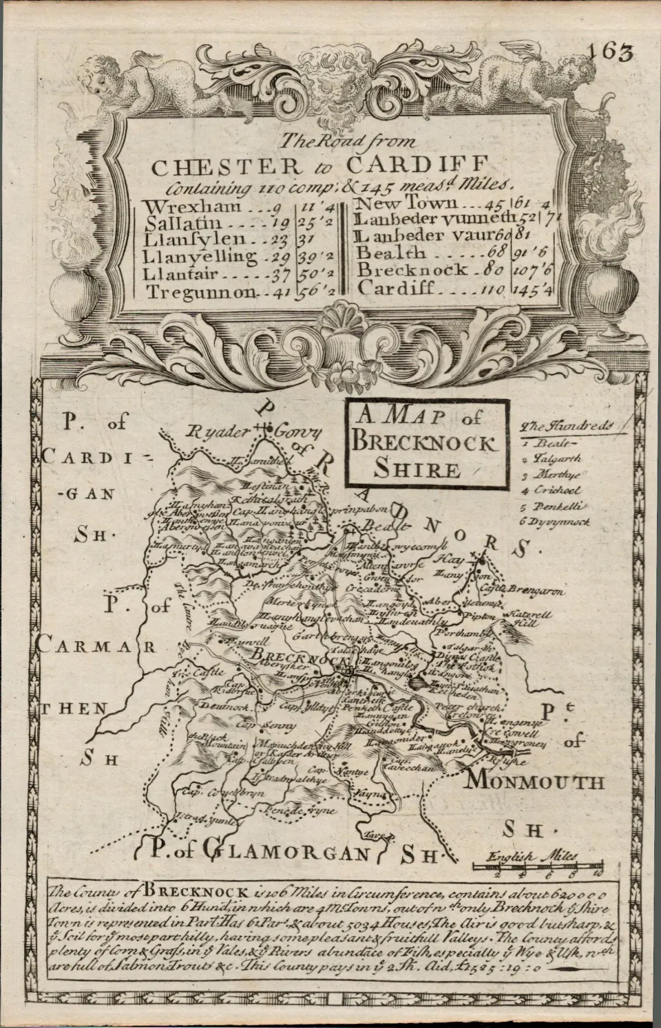 Britannia Depicta E Bowen c1730 Map Chester to Cardiff Wrexham LLanfylen LLantair.