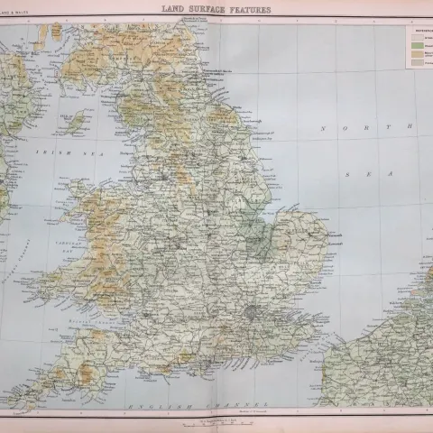 Victorian 1897 Map England & Wales Ireland Land Surface Features.