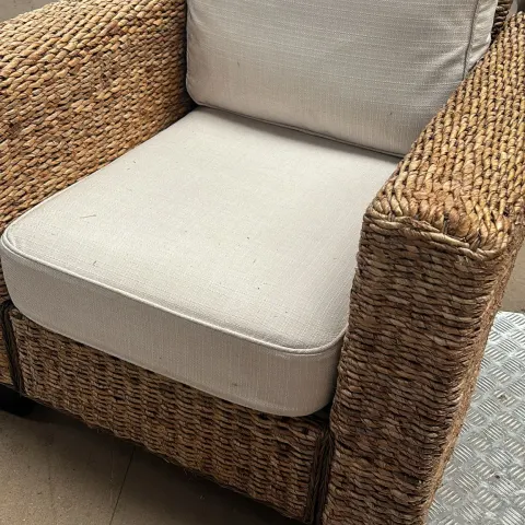 Pair of Natural Rattan Chairs with Deep Piled Cushions