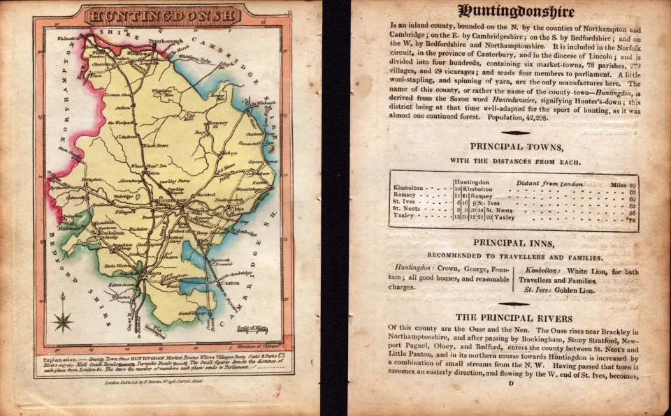 Huntingdonshire Engraved Hand Coloured George IV Map & Text.
