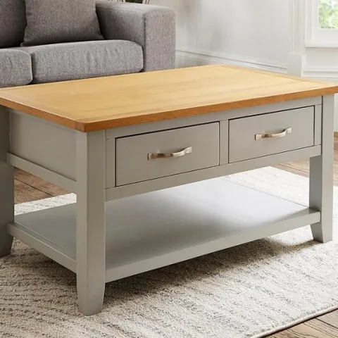 (22) RRP £269. Norfolk Two Tone Oak And Oak Veneer Coffee Table Grey/Oak. Featuring Two Storage Dra