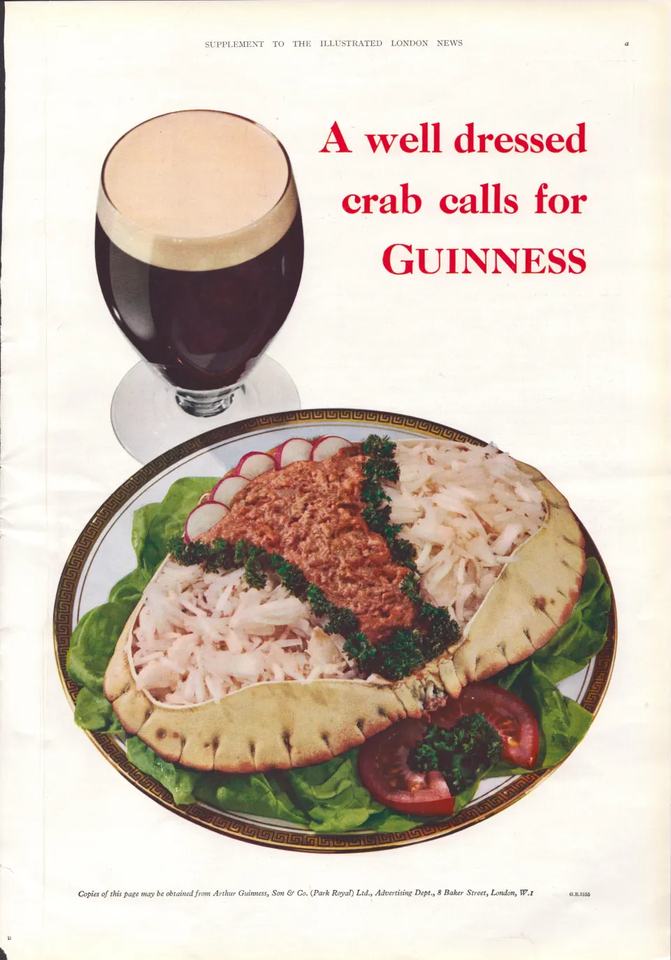 Original 65-Year-Old 1959 Guinness Print Well Dressed Crab– GE 3155   #-4.