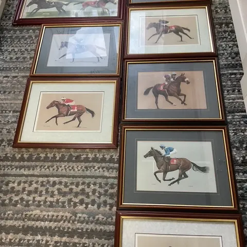 Group of Eight Small-Format (Approx. A4) Framed Colour Prints of Racehorses With Jockeys In Action