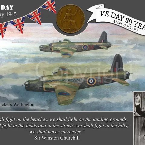 VE Day 80th Anniversary Designed Metal Art Coin Display Wellington Bombers