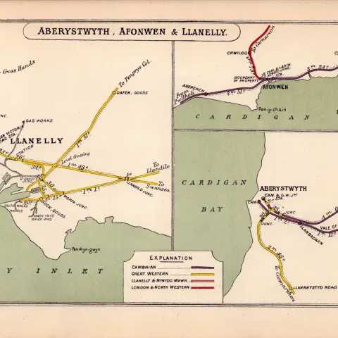Aberystwyth Afonwell & Llanelly Wales Antique Railway Diagram-90.