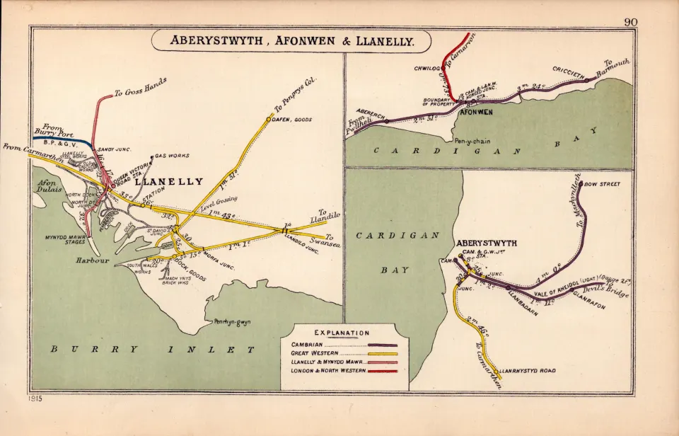 Aberystwyth Afonwell & Llanelly Wales Antique Railway Diagram-90.