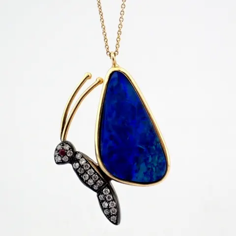 An Exquisite Butterfly Necklace Detailed With Doublet Opal, Brilliant Diamonds and Gold