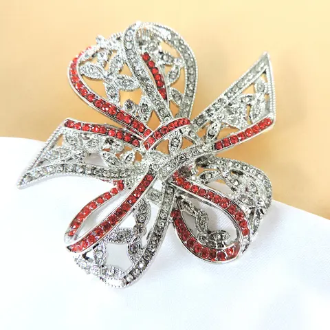 Vintage Style Red & White Crystal Bow Brooch 7cmx6cm