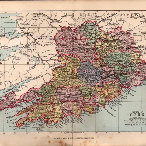 County of Cork Ireland Antique Detailed Coloured Victorian Map.