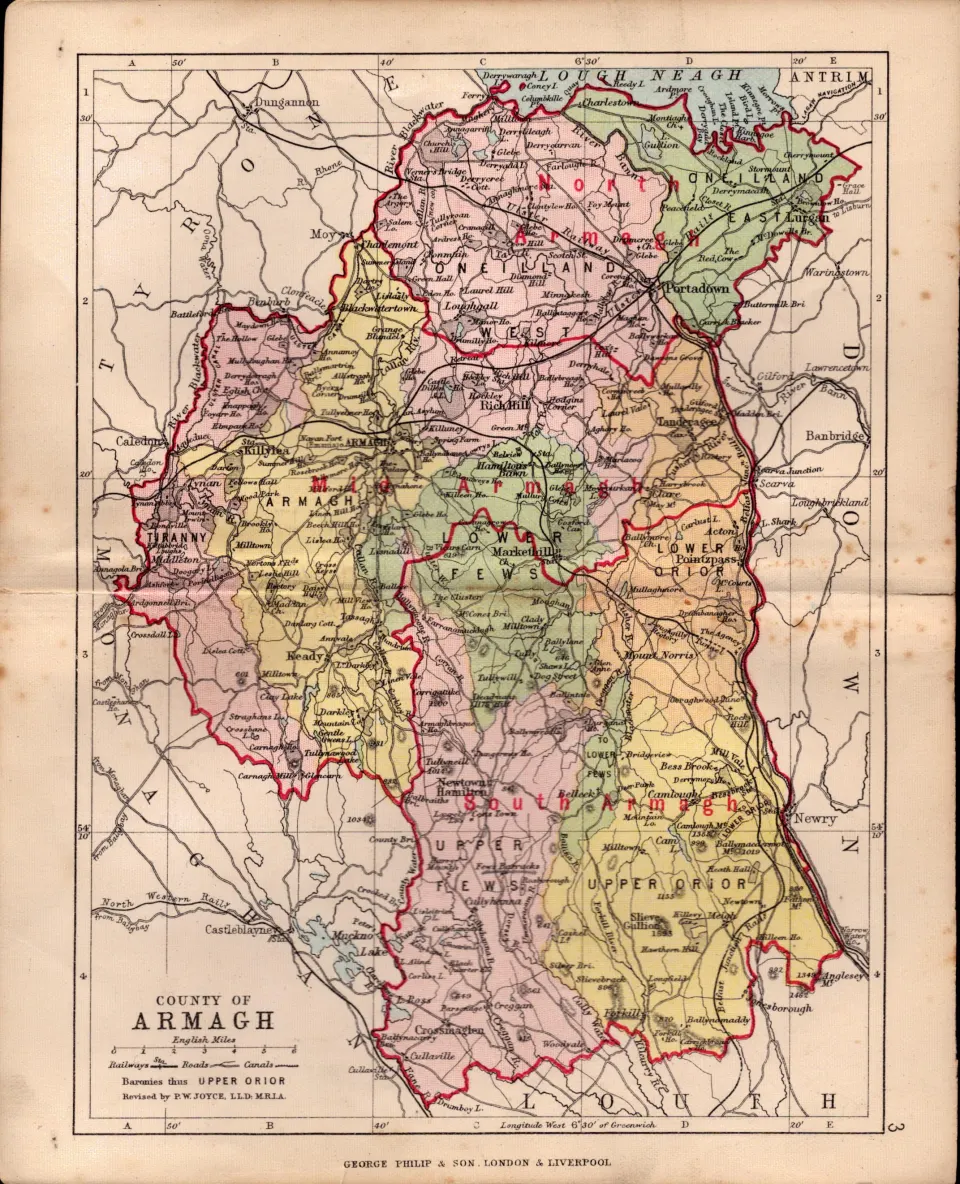 County of Armagh Ireland Antique Detailed Coloured  128 Years-old Map.