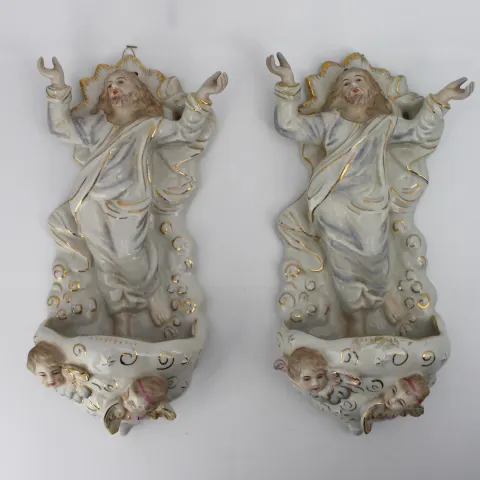 Pair of German Porcelain Wall-Mounted Holy Water Fonts, circa 1900