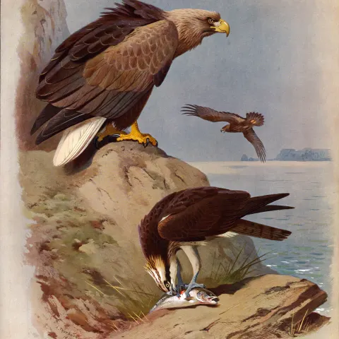 Antique Scarce First Edition Bird Print White Tailed Eagle & Osprey-33.