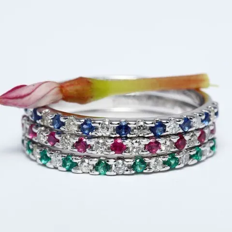 14 K White Gold Set of 3 Diamond, Ruby, Blue Sapphire and Emerald Band Rings