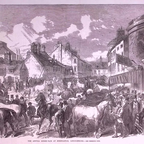 Horncastle Lincolnshire Annual Horse Fair Large  1864 Antique Woodcut.