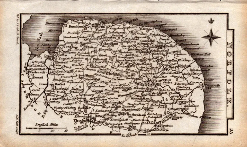Norfolk Antique Copper Engraved George IV Map by Sidney Hall.