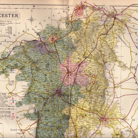 The County of Worcester Large Victorian Letts 1884 Antique Coloured Map.