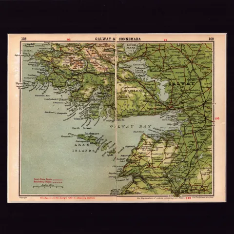 Galway & Connemara Ireland Coloured Mounted Antique Map.